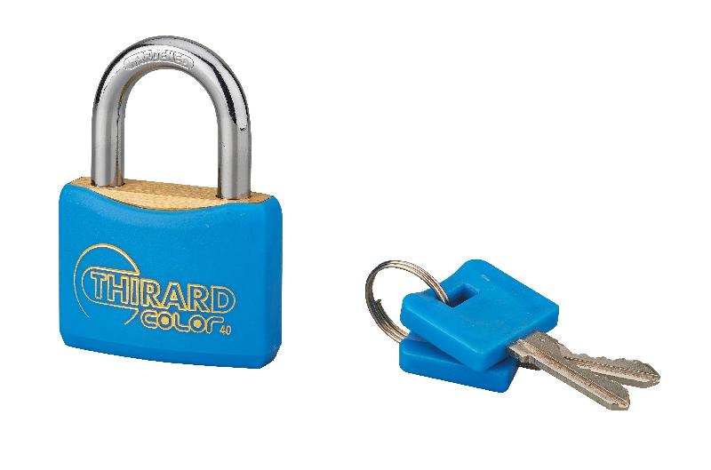 Cadenas à clé Color bleu 40 mm - Corps laiton monobloc gainé PVC - Marque Thirard_0