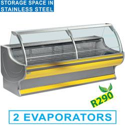 Comptoir vitrine réfrigéré à vitre bombée avec réserve - LS25/C1-R2 - Acier inox AISI 304 et plan de travail en granit_0