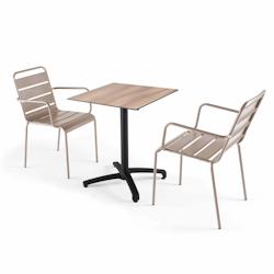 Oviala Business Ensemble table de terrasse stratifié chene foncé et 2 fauteuils taupe - Oviala - gris métal 110138_0