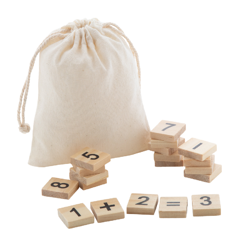 Jeu éducatif de calculs en bois - 32 tuiles avec chiffres et signes mathématiques - Pochette en coton_0