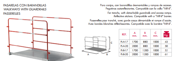Passerelles pour tranchée - garde-corps démontable - rampes d'accès - bandes réfléchissantes - longueurs 1700 à 2000mm - compatible barrière MINI_0