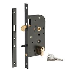 Serrure encastrable crochet à cylindre pour porte coulissante, axe 50mm, cylindre 30x30mm, bouts carrés, noir, 3 clés - THIRARD - noir 3150260002881_0