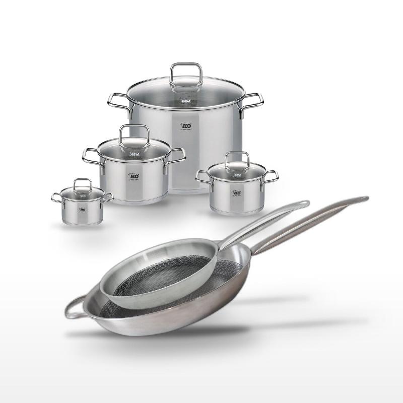 Batterie de cuisine avec 2 poêles 28/32 cm et 4 faitouts 14/16/20/26 cm en inox sans PFAS Elo Collection Relief Solution Citrin - gris 3176239940572_0