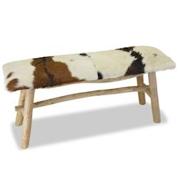 Helloshop26 - Banc banquette en cuir véritable de chèvre et teck - 100 x 30 x 45 cm - 02_0021262 - 3000200484348_0