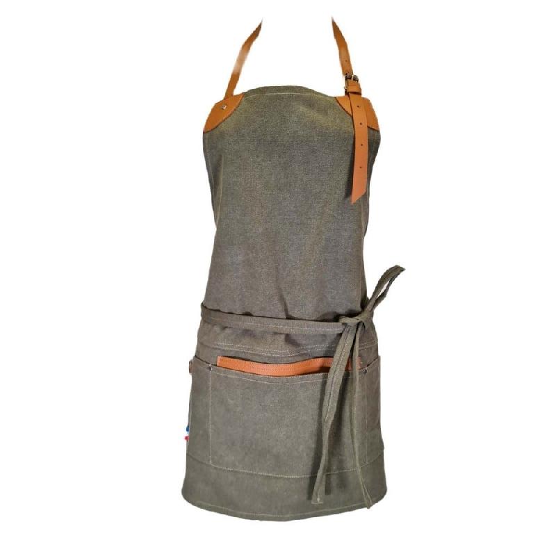 Tablier ART tissu et simili cuir vert kaki et camel_0
