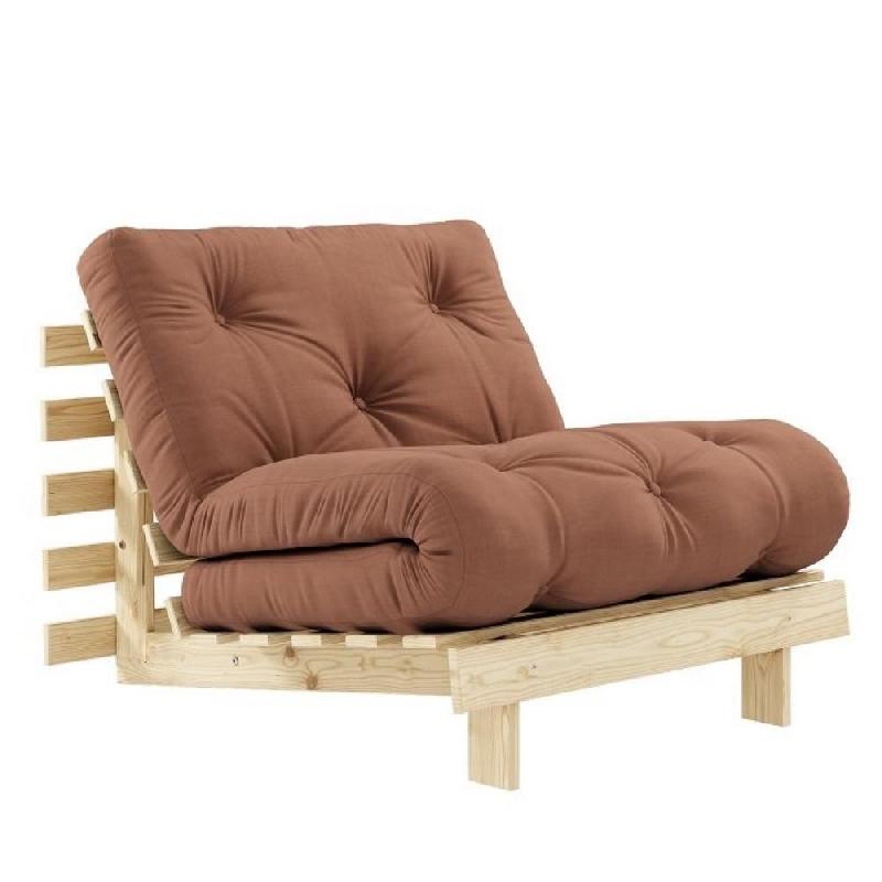 FAUTEUIL CONVERTIBLE FUTON ROOTS PIN NATUREL COLORIS BRUN ARGILE COUCHAGE 90 X 200 CM._0