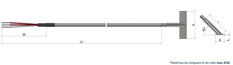 Sonde à résistance de surface - Clinquant angle 45° PS11 - Pt100/Pt500/Pt1000, câble jusqu'à 400°C, AISI 316L_0