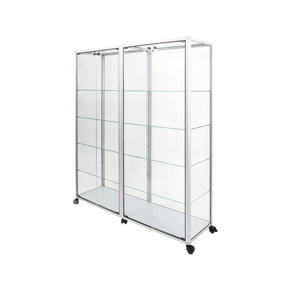 404298 - Vitrine d'exposition double sur roulettes, coloris argent naturel, 149x42x180 cm, avec étagères réglables_0