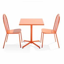 Oviala Business Ensemble table carrée de terrasse inclinable et 2 chaises bistrot orange - orange acier 109479_0