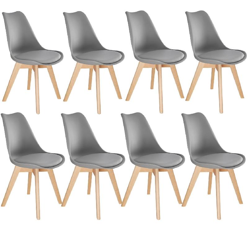 LOT DE 8 CHAISES PIEDS EN BOIS CLAIR SIÈGE DE SALON CUISINE SALLE À MANGER DESIGN MINIMALISTE ÉPURÉ ERGONOMIQUE GRIS 08_0000118_0