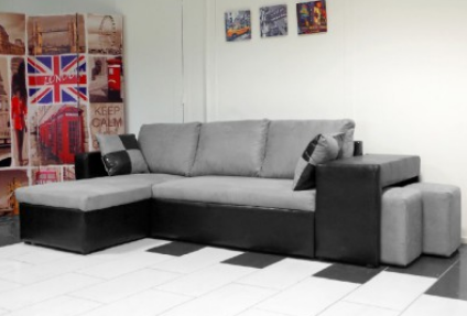 Canapé d'angle 4 places convertible - noir et gris - modulable et avec coffre de rangement_0
