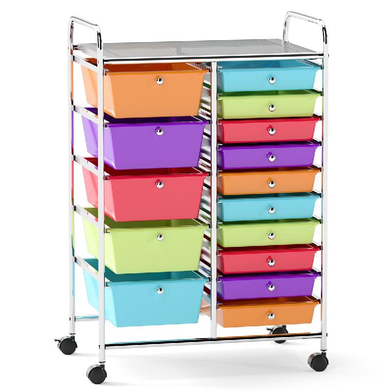COSTWAY Chariot à 15 tiroirs empilables, meuble sur roulettes 63x37x87 cm, multicolore - multicolore polyester TI75047YF_0