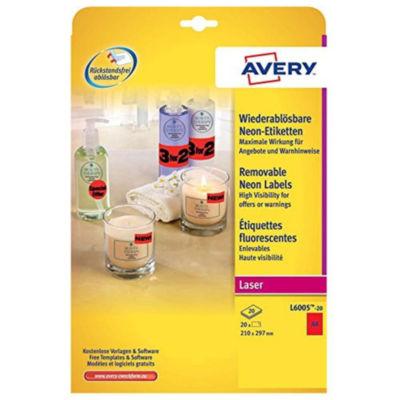 Avery L6005 Etiquettes d'identification enlevables couleur 210 X 297 mm - 20 feuilles, 1 étiquette A4 par feuilles - Rouge fluorescent_0