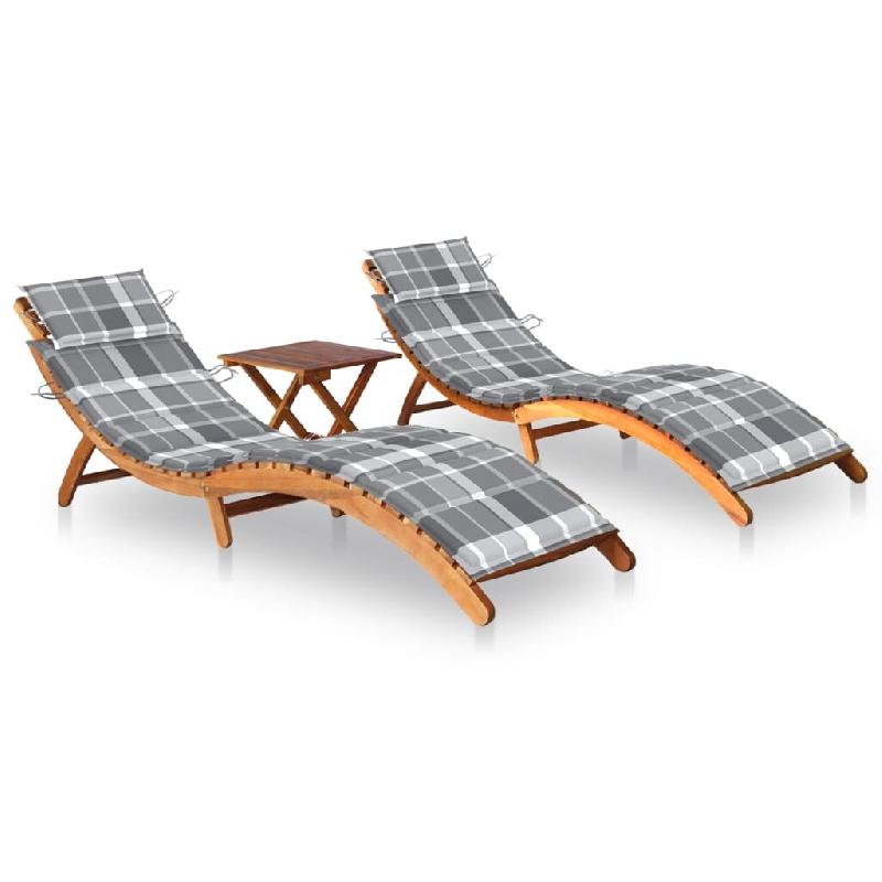 Helloshop26 - Lot de 2 transats chaise longue bain de soleil lit de jardin terrasse meuble d'extérieur avec table et coussins acacia 02_0012107 - mul_0
