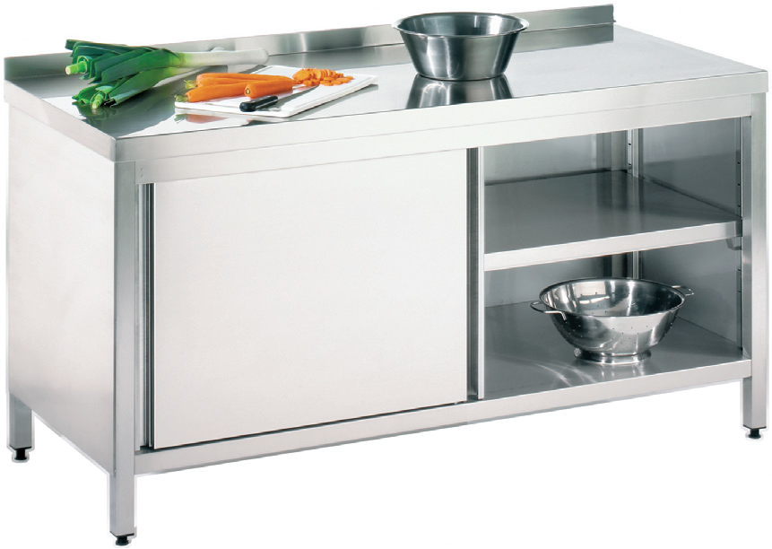 MEUBLE BAS EN INOX AVEC PORTES COULISSANTES ET DOSSERET PROFI 19X6