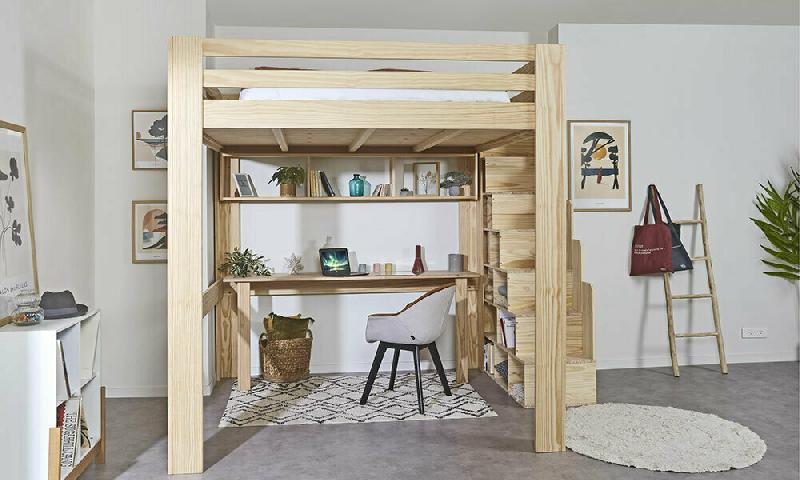 PACK LIT MEZZANINE AVEC ESCALIER PALOMAR XL + MATELAS  BOIS NATUREL 160X200 CM/OPT:MATELAS HAVEL HD 160X200 CM