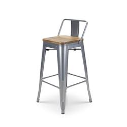 Kosmi Tabouret de bar en métal gris argenté style industriel avec dossier et assise en bois clair - Hauteur 66 cm - 3760301693024_0