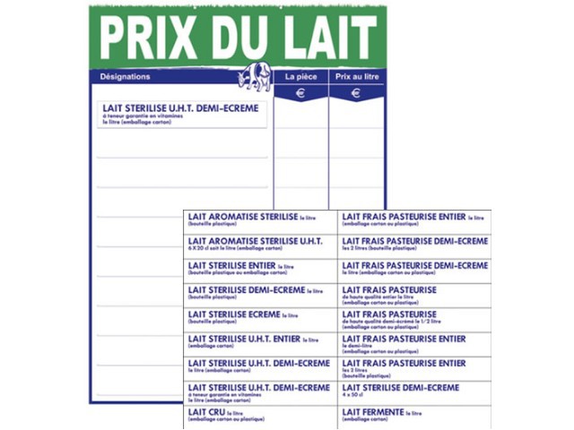 TARIF PRIX DU LAIT + ADHÉSIFS TEXTES