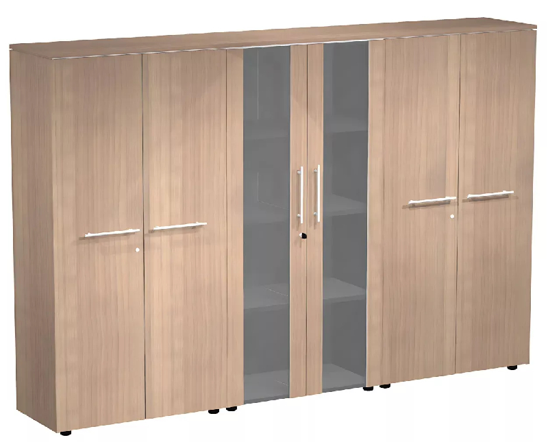 Armoire combiné 4 portes mélaminé + 2 portes verre fumé à serrure - 9 étagères - L. 243 x P. 43 x H. 158 cm So Flora - Noyer Naturel_0