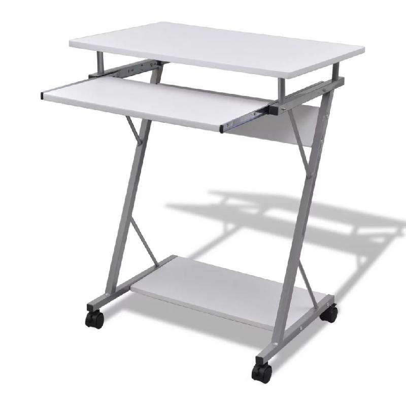 Bureau table meuble de travail informatique blanche avec roulettes - 60x40 cm - Panneaux de particules et acier_0