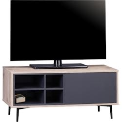 Möbilia Meuble TV bas | 1 porte, 4 compartiments ouverts | Anthracite foncé avec MDF naturel | Pieds en métal | L 97,5 x P 39 x H 45 cm - multi-mat_0