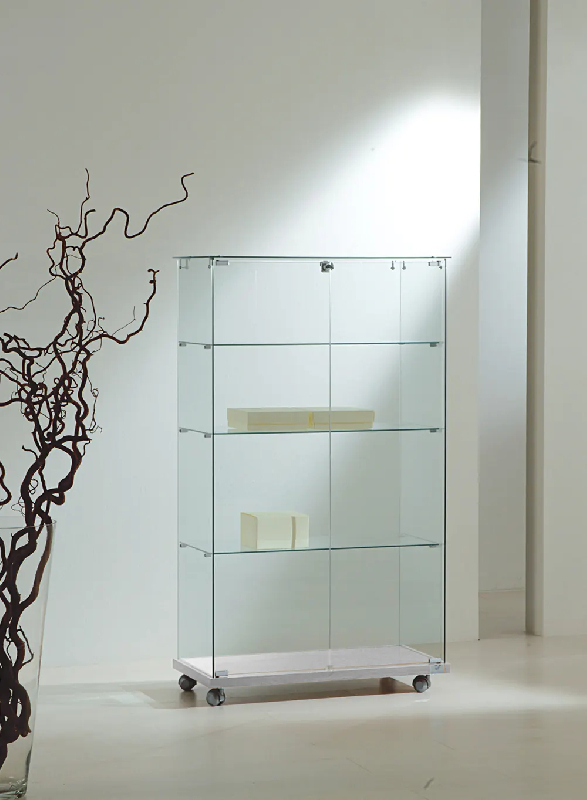 Vitrine d'exposition en verre 8/14VA - 80cm de large, roulettes, 3 tablettes amovibles, portes vitrées avec serrure - finition gris_0