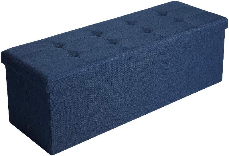 BANC DE RANGEMENT COFFRE AVEC COUVERCLE GRAND POUF PLIABLE CHAMBRE ENTRÉE GAIN D\'ESPACE VOLUME DE 120 L CHARGE MAX DE 300KG REMBOURRAGE BLEU FONCÉ 12_0000219_0