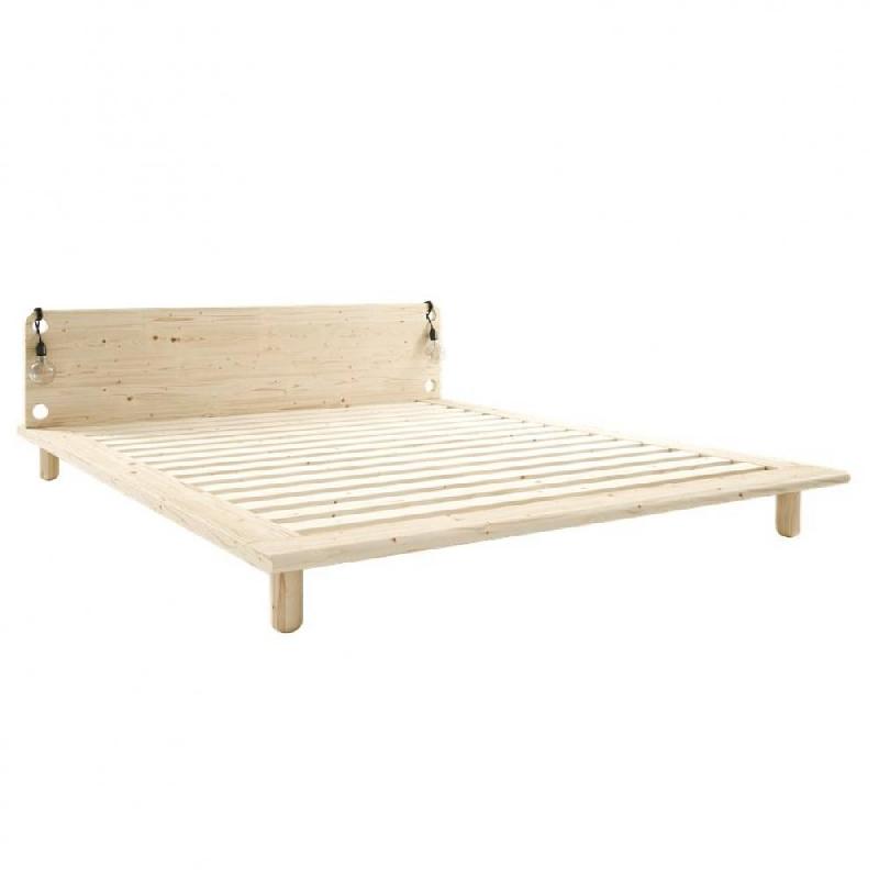 Lit futon PEEK BED en pin massif naturel - Couchage 180 x 200 cm avec 2 lampes de chevet_0
