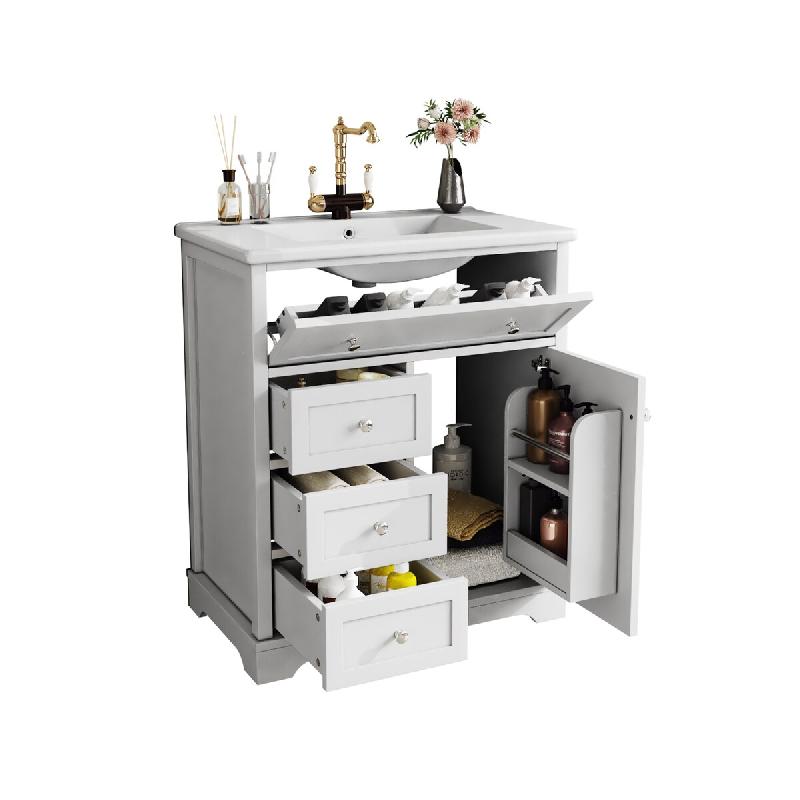 Merax Meuble sous-vasque 76×46×87 cm, meuble de salle de bain sur pied avec lavabo, 3 tiroirs, étagère de porte, étagère réglable, blanc - blan_0