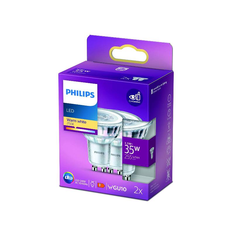 PHILIPS RÉFLECTEUR LED GU10 3,5W 2 700 K 36° X2