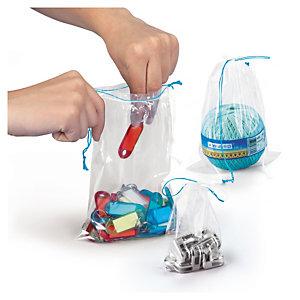 SACHET PLASTIQUE 50% RECYCLÉ TRANSPARENT À CORDELETTES 15X21 CM