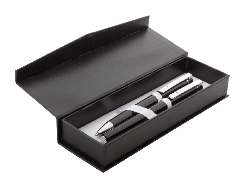 Set écriture - Stylo à bille et roller en aluminium avec finition brillante - Livré en boîte cadeau noire_0