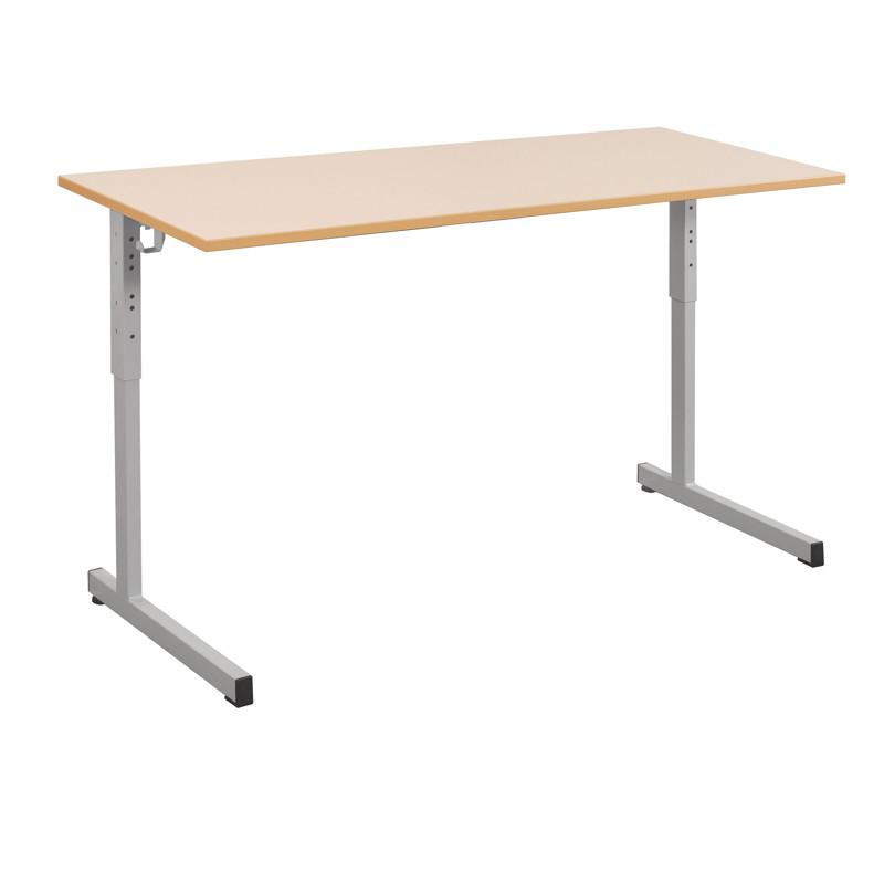 Table scolaire réglable 2 places - 130x50 cm - Plateau mélaminé hêtre miel et piètement époxy gris alu_0