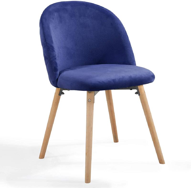 Lot de 4 chaises de salle à manger en velours bleu - Pieds en bois de hêtre - Style scandinave moderne pour salon, chambre, cuisine, bureau - Modèle 01_0000150_0