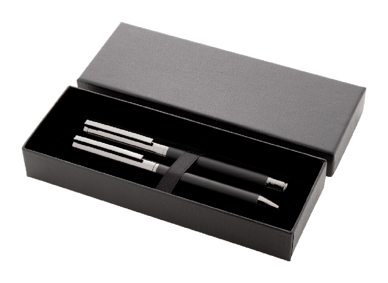 Parure stylos - Métal - Stylo à bille et roller - Étui cadeau en papier noir - Encre bleue_0