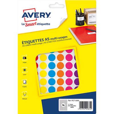 PASTILLES ADHESIVES AVERY - DIAMETRE 15 MM - IMPRIMABLES - COLORIS ASSORTIS - SACHET DE 672