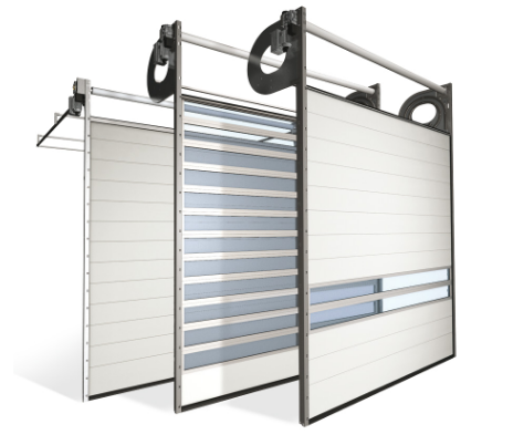 Porte sectionnelle industrielle Helix / S600 - automatique, repliable en plafond, vitrée, en panneaux sandwich avec portillon et isolation thermique_0