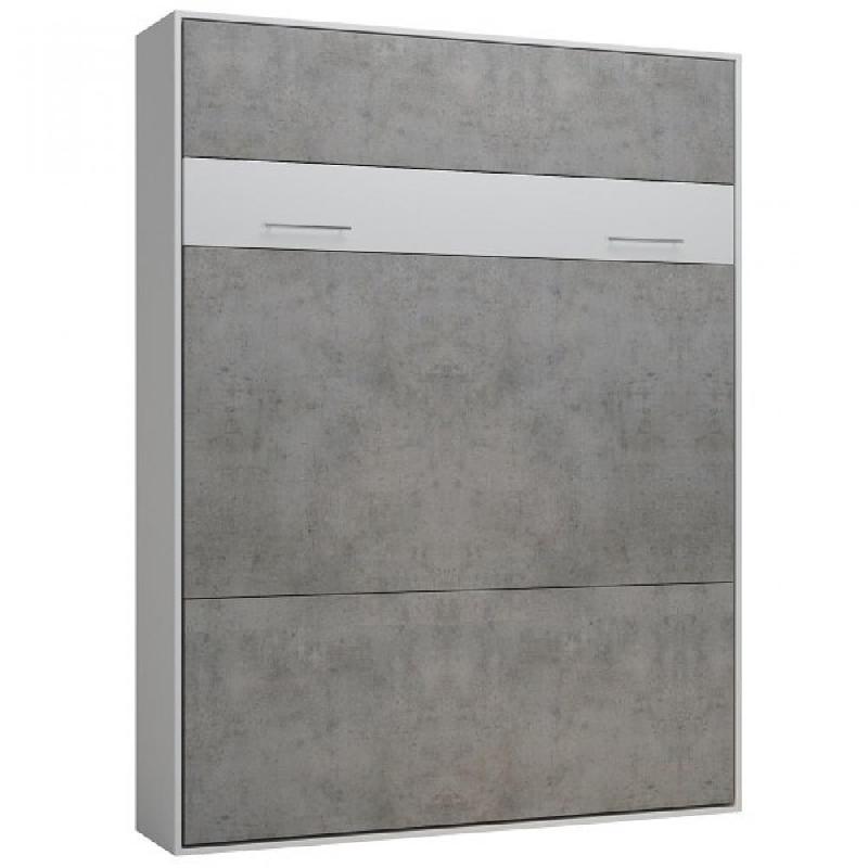 Lit escamotable LOFT blanc - façade gris béton - couchage 160 x 200 cm - design moderne et gain de place_0