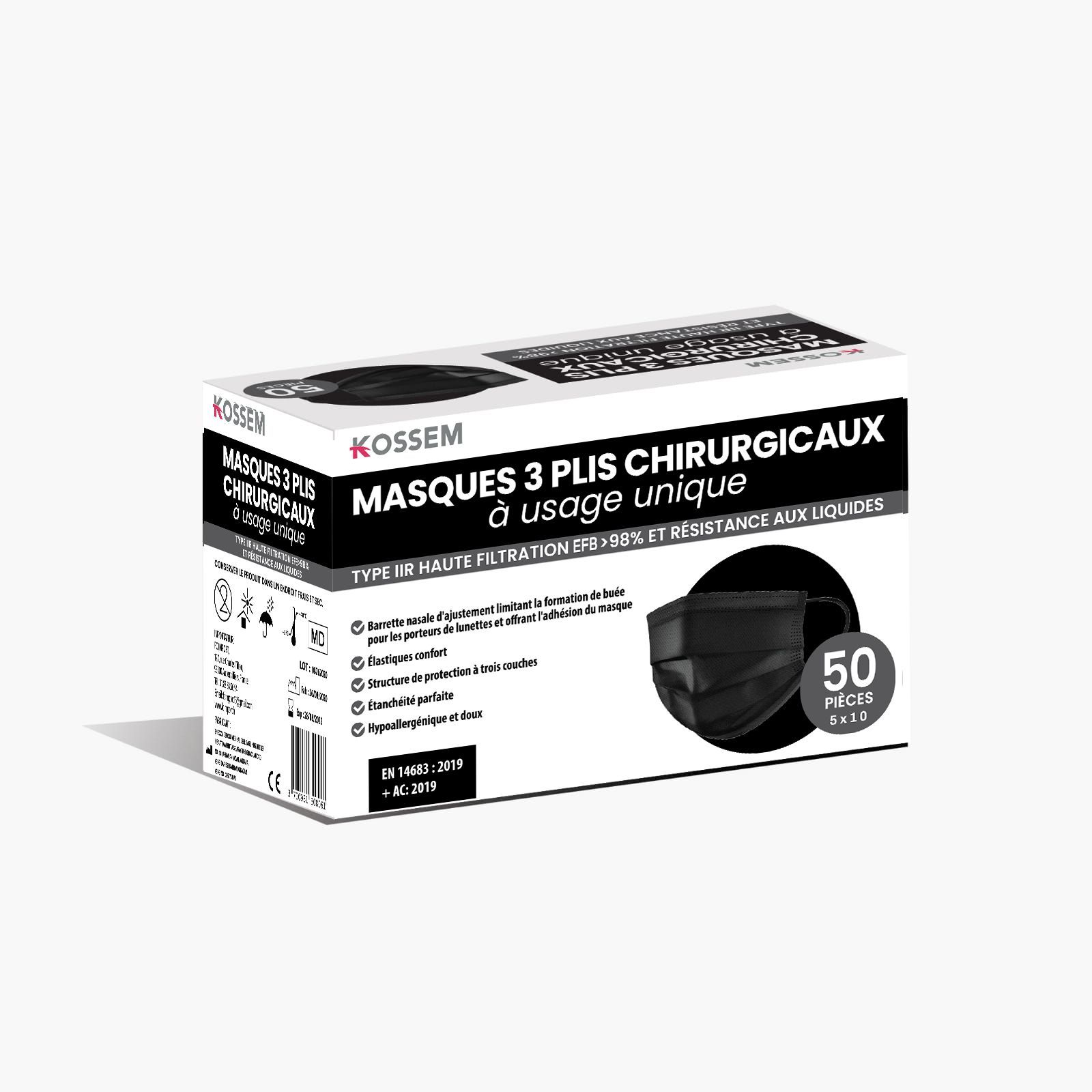 Kossem - Masques chirurgicaux type IIR couleur noir - EN14683:2019 AC:2019_0