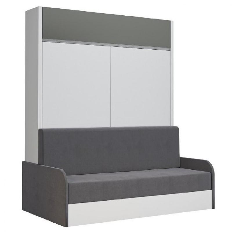 ARMOIRE LIT ESCAMOTABLE ALADYNO SOFA BLANC MAT BANDEAU GRIS CANAPÉ GRIS 160*200 CM_0