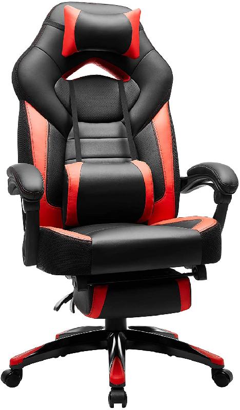 Fauteuil gamer ergonomique - chaise gaming avec repose-pieds télescopique, appui-tête réglable, support lombaire - capacité de charge 150 kg - rouge et noir - 12_0000602_0