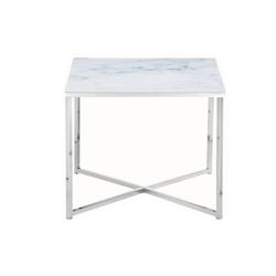 SalesFever Table d'appoint carrée | Plaque de verre revêtue d'une feuille d'aluminium aspect marbre | Cadre en métal | L50xP50xH42cm| blanc-chrome_0