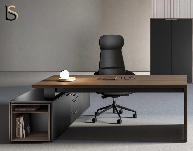 Bureau de manager Sile avec meuble intégré - Bralco - Non, 208, Noyer, Oui, Droite_1