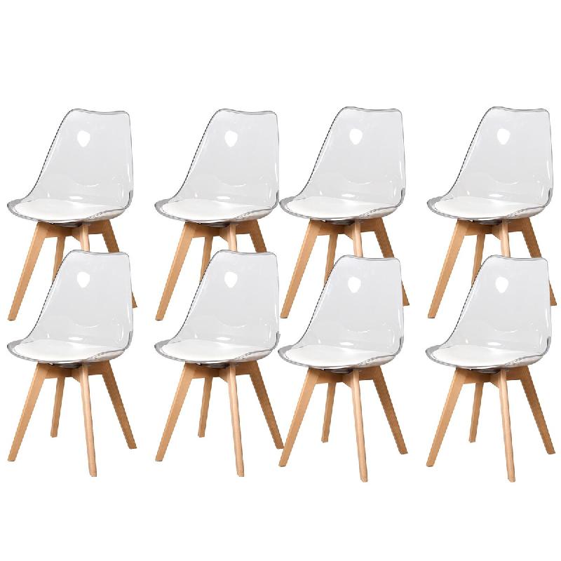 8 Chaises Tulipes Salle à Manger Scandinaves Bm Home Salle de Bureau, Pieds Bois de Hêtre Massif, Transparente, Assise Blanche - transparent plastiq_0