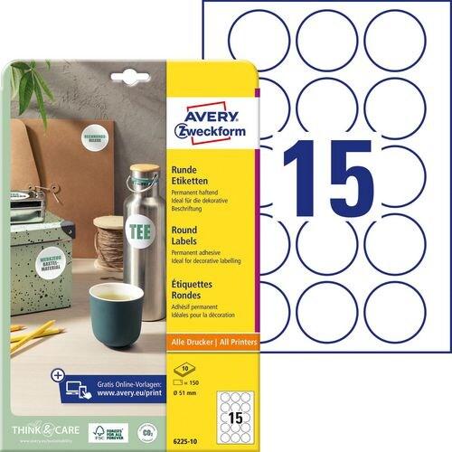 AVERY 150 pastilles adhésives blanches, diamètre 51 mm (10 feuilles A4 / cdt) - blanc 6225-10_0