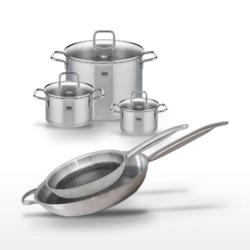 Batterie de cuisine 2 poêles 28/32 cm et 3 faitouts 16/20/26 cm en inox Elo Collection Relief Solution Citrin - gris 3176239940213_0