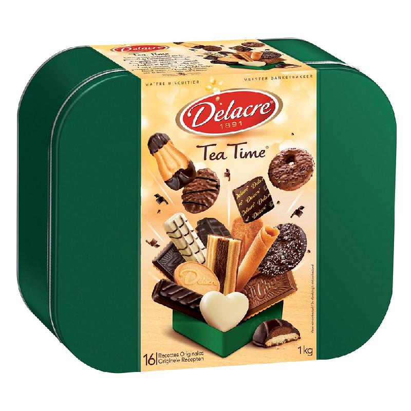 BISCUITS DELACRE TEA TIME, ASSORTIMENT, BOÎTE MÉTAL DE 1 KG