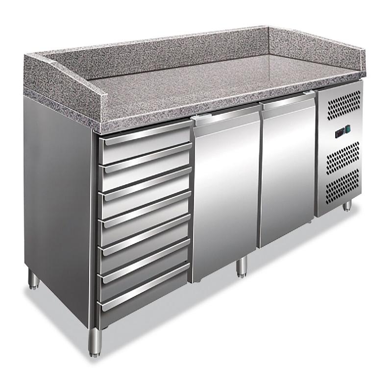 Comptoir Pizza 2 portes 7 tiroirs, plan en granit, temp. +2°C/+8°C, dégivrage auto, 202,5x80x100 cm, modèle PZ2610TN - 4641_0