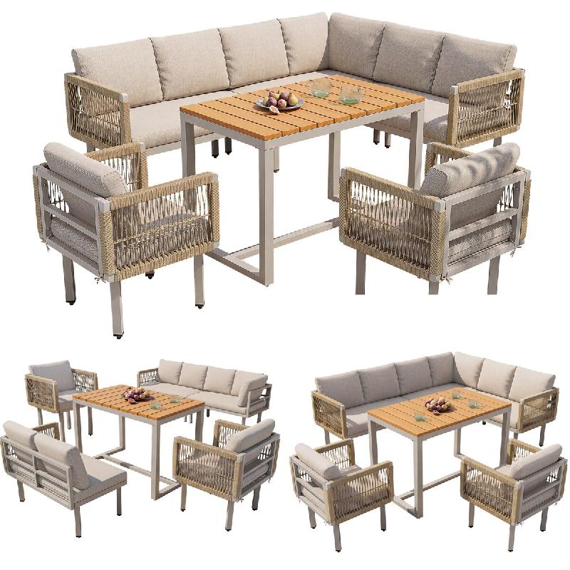 Merax ensemble de chaises de jardin, 8 personnes, tressage corde, résistant aux intempéries, beige - beige HW26043AAB_0