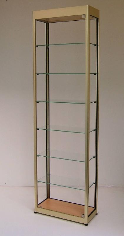 VA10 - Vitrine d'exposition en verre trempé, alu or, mélaminé poirier, avec 6 tablettes réglables et serrure_0